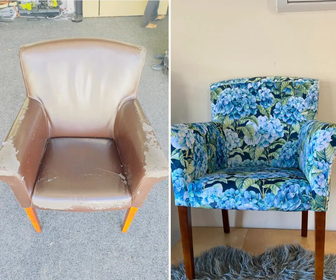 Before and after: a worn brown leather tub chair, and the same chair recovered in blue hydrangea print.