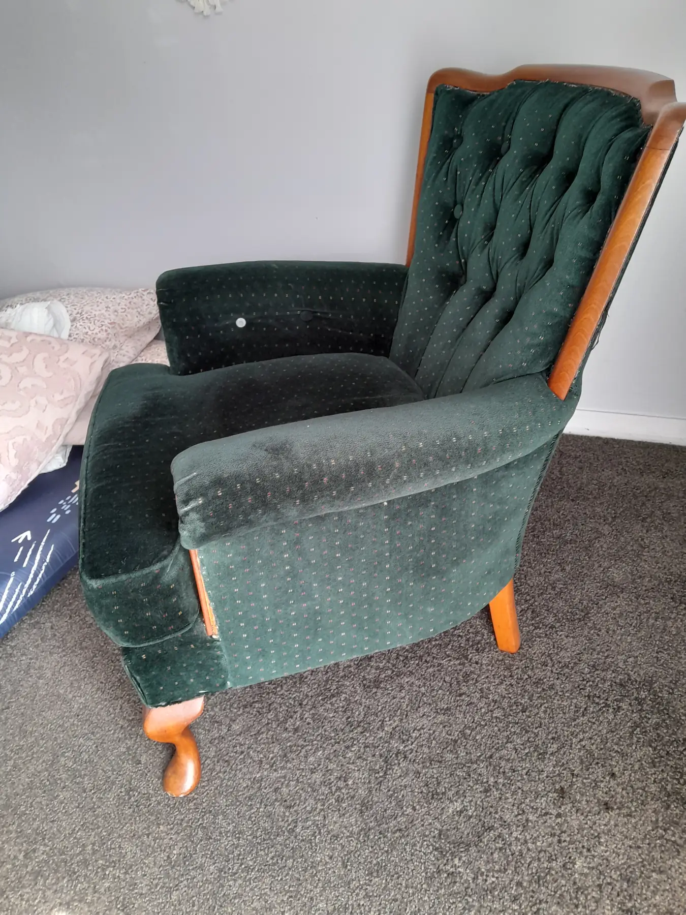 The green velvet armchair and its matching companion chair, as they arrived.
