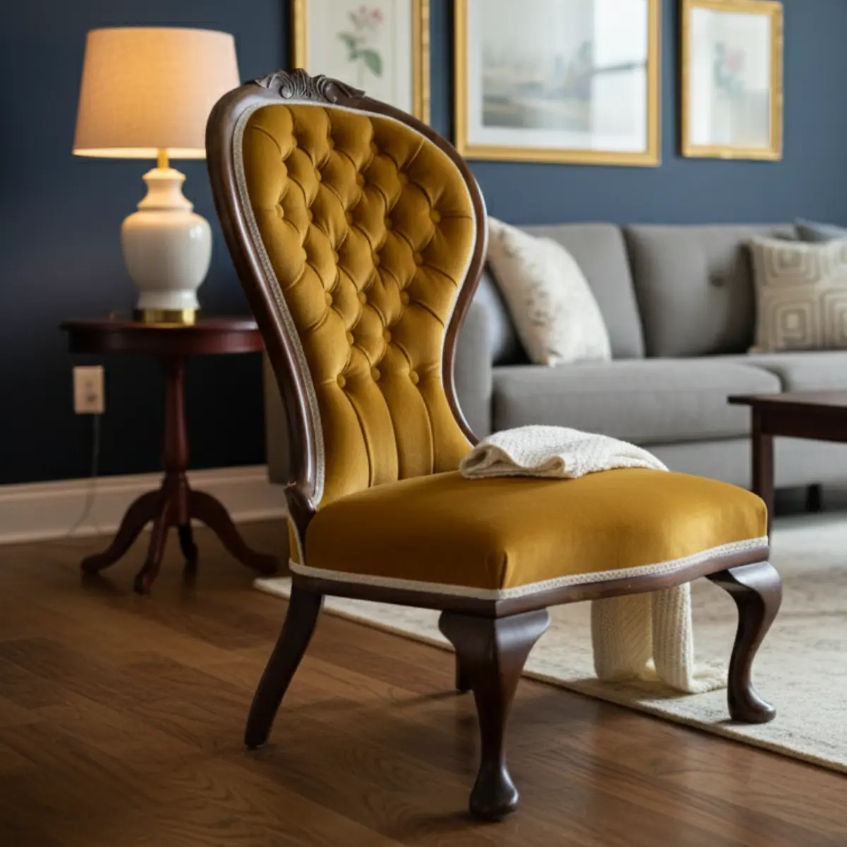 A carved chair in gold velvet, buttoned into the tall back.