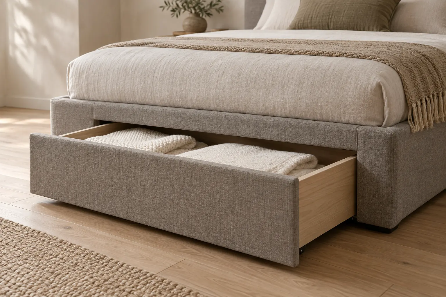 A stone-grey upholstered bed base with a storage drawer pulled open, lined in pale timber.