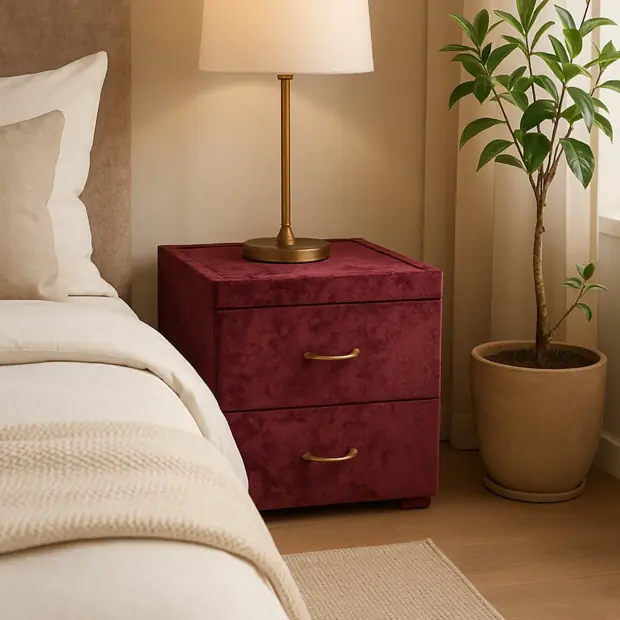Velvet upholstered two-drawer nightstand in a styled bedroom scene.