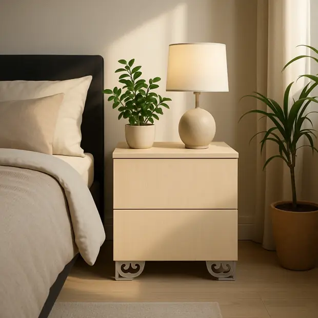 Scandinavian-inspired two-drawer bedside table in a styled bedroom scene.