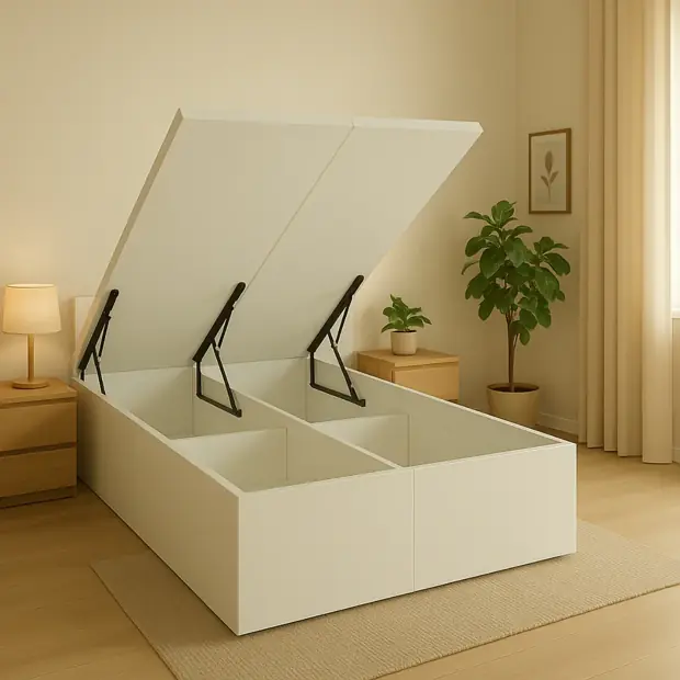 Lift-up storage bed frame, base raised, in a styled bedroom scene.