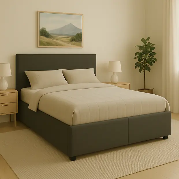 Upholstered storage bed with a lift-up base in a styled bedroom scene.