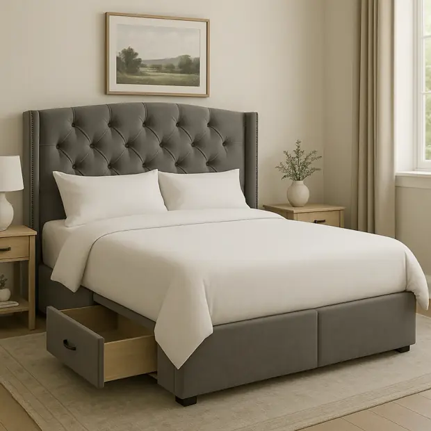 Tufted upholstered storage bed with drawers in a styled bedroom scene.