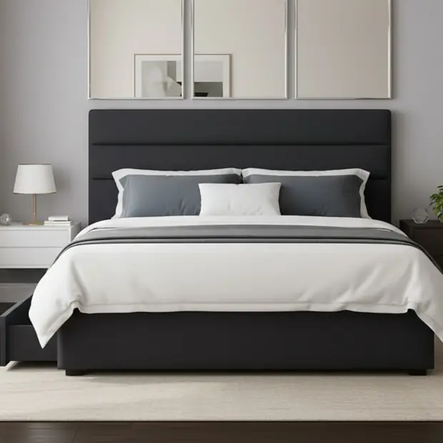 Upholstered storage bed in a styled bedroom scene.