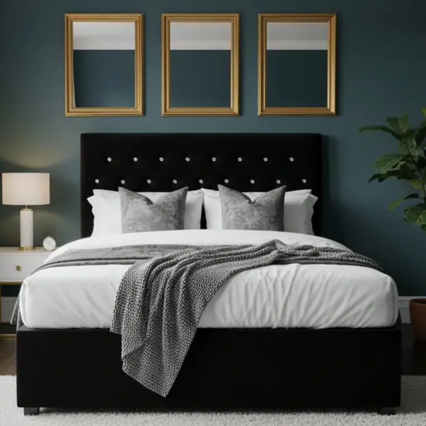 Black velvet tufted bed with a diamond-button headboard in a styled bedroom scene.
