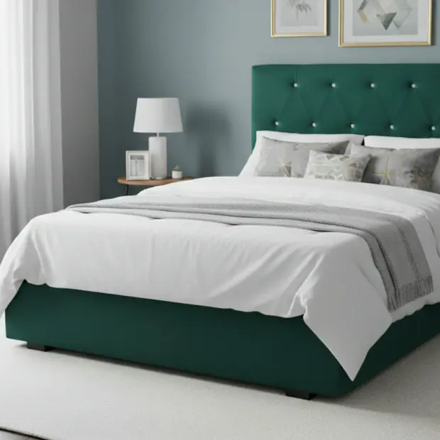 Emerald velvet tufted bed with crystal buttons in a styled bedroom scene.