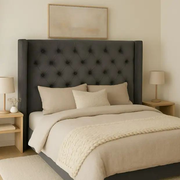 Wingback tufted headboard in a styled bedroom scene.