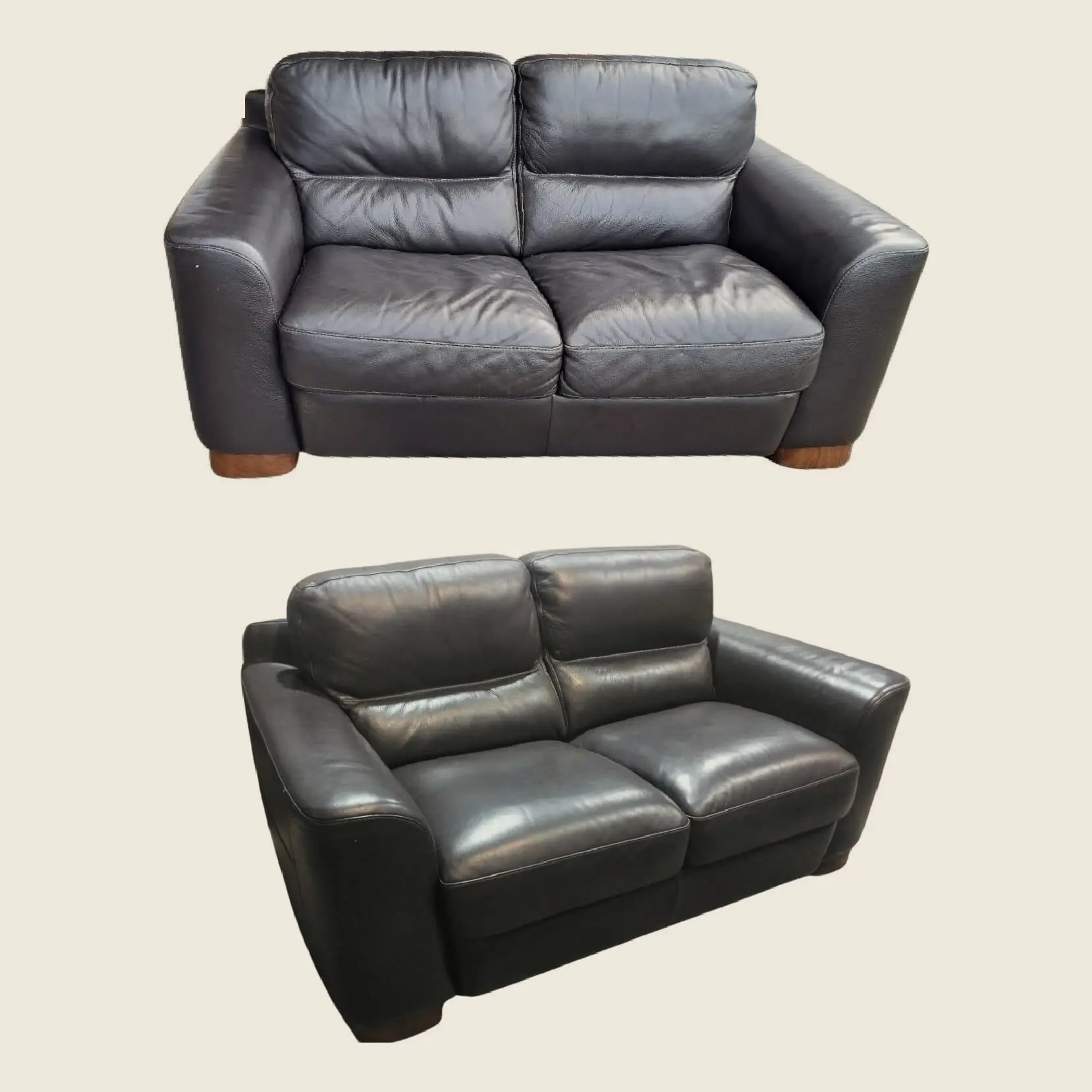 A leather two-seater couch before reupholstery, above the same couch after