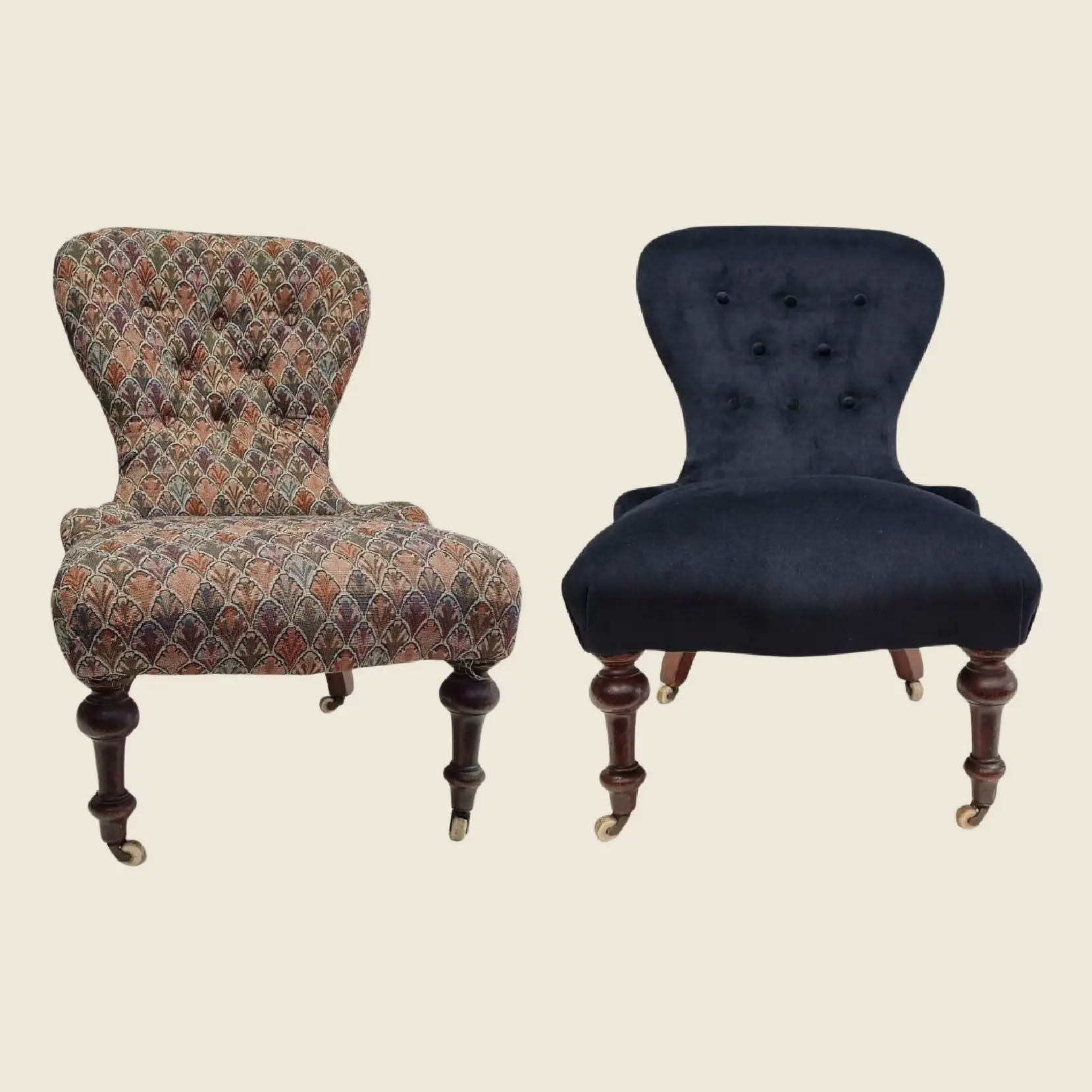 An antique chair in a patterned cover, and the same chair reupholstered in navy velvet