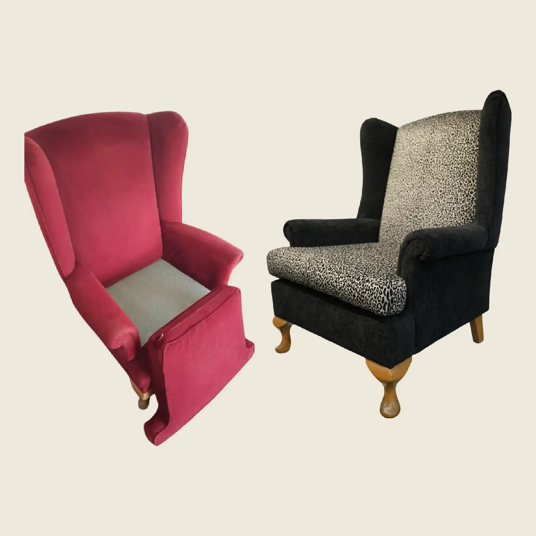 A wingback chair in worn red upholstery, and the same chair in black fabric with a leopard-print inset