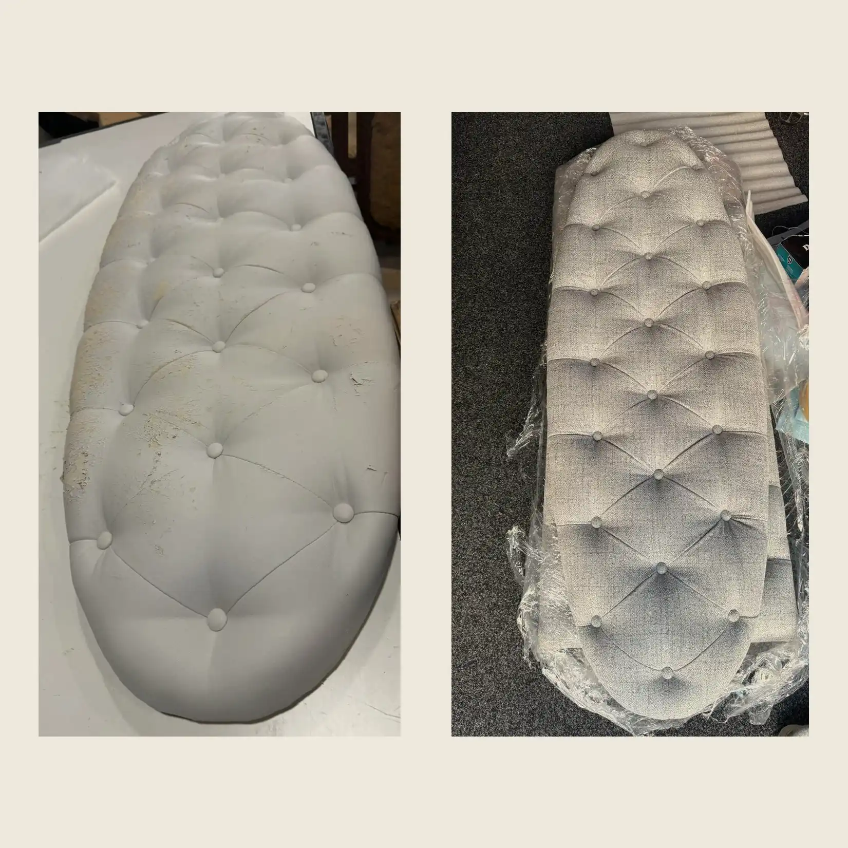 A button-tufted headboard in peeling white vinyl, and the same headboard re-covered in light grey fabric