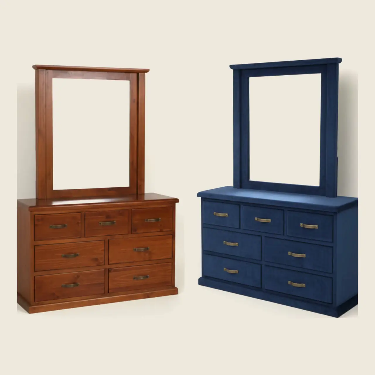 Illustration: a wooden dresser and mirror beside the same design in navy velvet