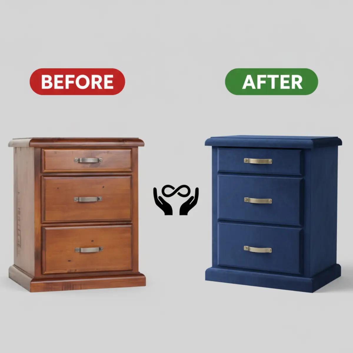 Illustration: a wooden bedside chest beside the same design in navy velvet