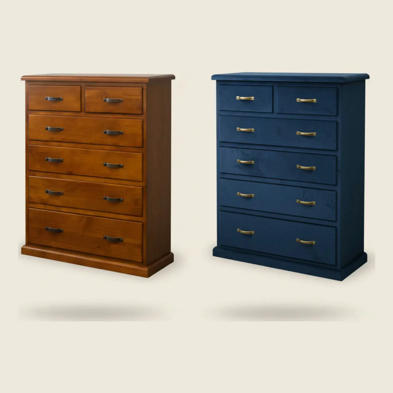 Illustration: a wooden tallboy beside the same design in navy velvet