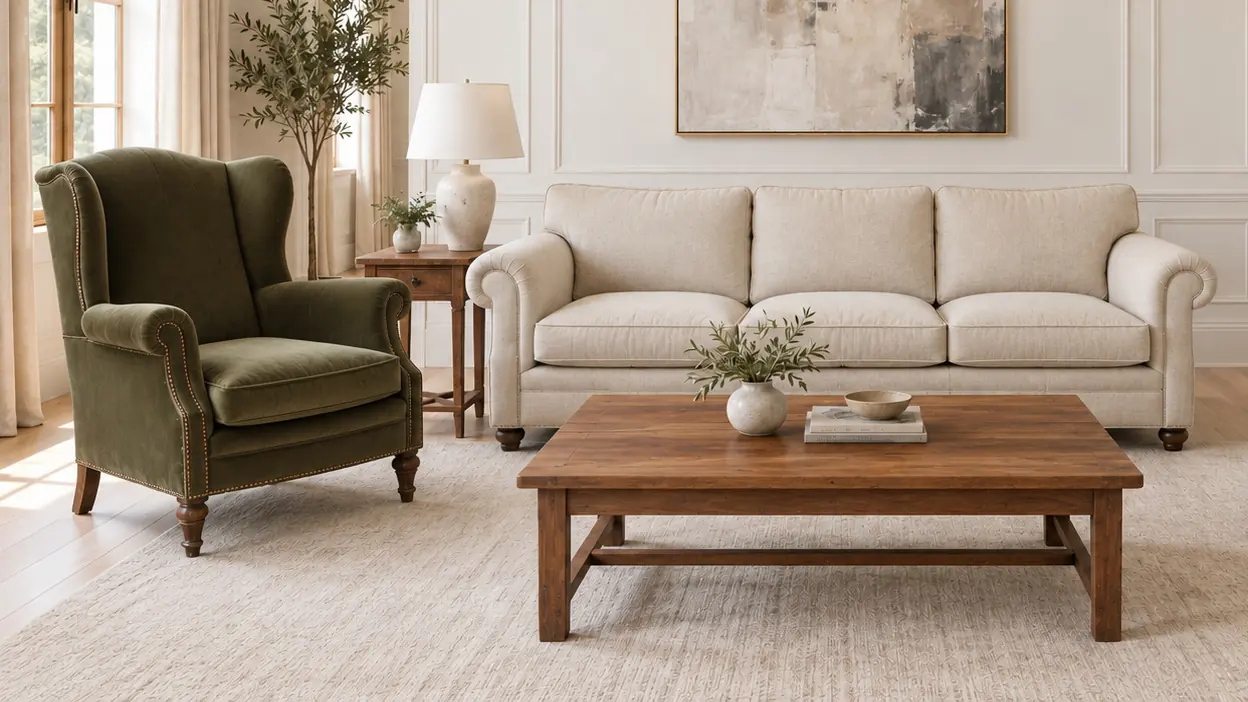 The same illustrated room with the wingback in olive velvet, the sofa in cream linen and the table refinished.