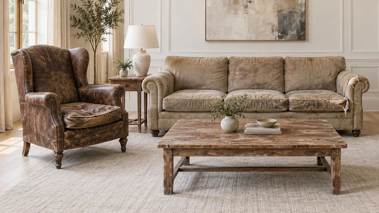 An illustrated living room: a cracked brown leather wingback, a worn taupe sofa and a battered coffee table.