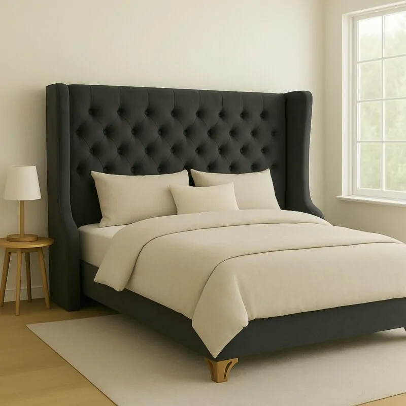 Charcoal Velvet Wingback Headboard with Deep Tufting